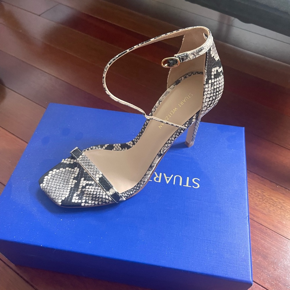 Stuart Weitzman Amelina Snake Print Leather Ankle Strap Sandal